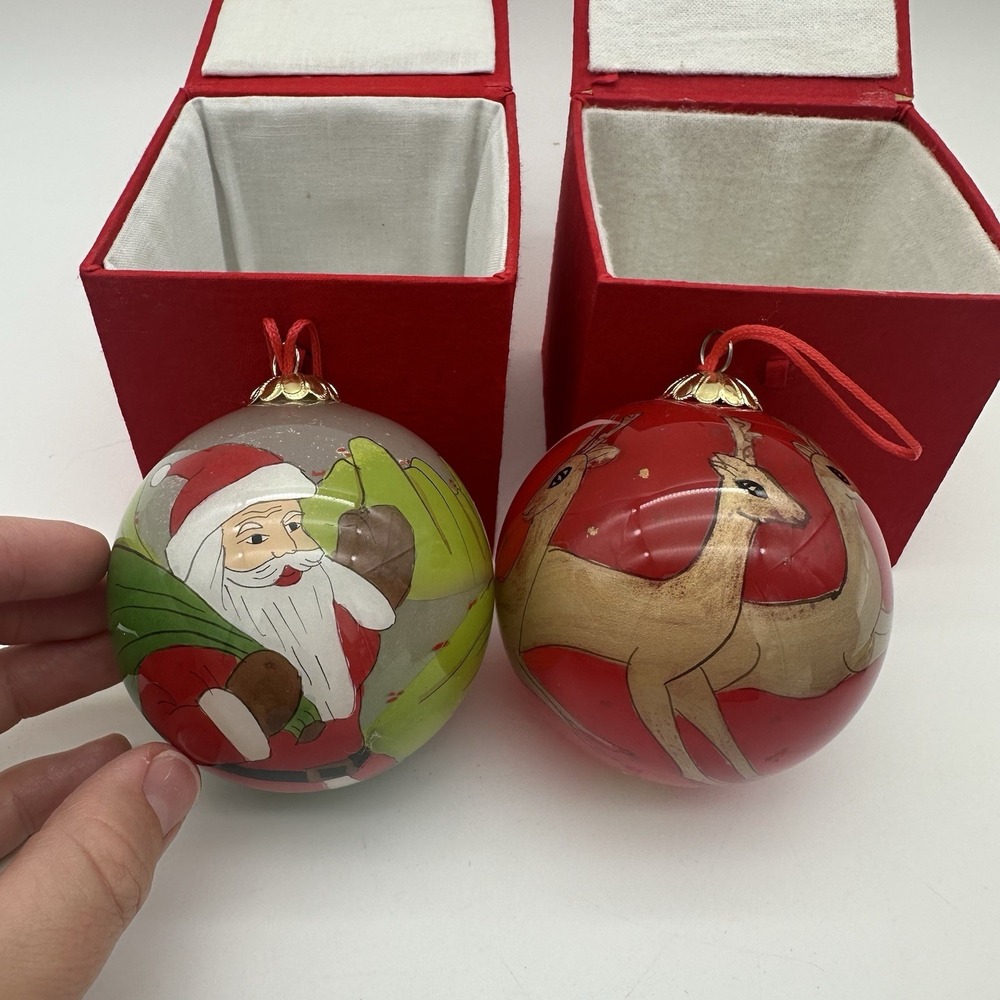 Set Of 2 Blown Glass‎ Reverse Painted Christmas Ornaments Santa & Reindeer 3"